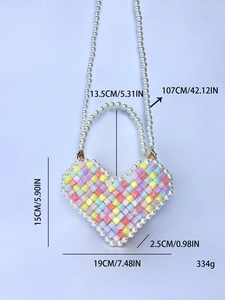 Detailed size specifications for heart-shaped colorful beaded mini crossbody bag
