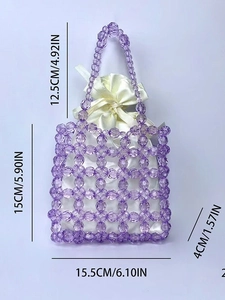 Handmade purple beaded mini handbag with satin drawstring pouch and size measurements