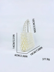 Detailed size and weight chart for the white pearl beaded handbag showing dimensions