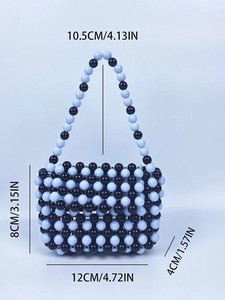 Sac à main en perles fait main bleu et noir avec dimensions détaillées et hauteur de l'anse