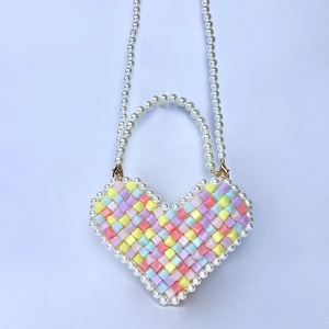 Heart Shaped Crossbody Bag Handmade Acrylic Beads And Faux Artificial Pearls Mini Top Handle Handbag Summer Sweet Style For Women
