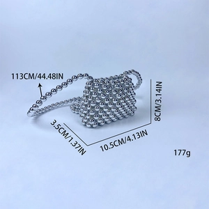 Detailed view of silver handmade beaded mini bag with exact dimensions and weight info