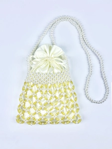 Handmade Artificial Pearl Beaded Bag Women Acrylic Woven Drawstring Crossbody Shoulder Handbag Satin Inner Sweet Style
