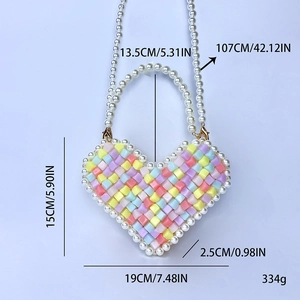 Rainbow heart beaded bag with white pearls, size 19x15x2.5cm colorful crossbody bag