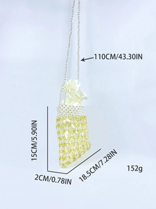 Handmade woven pearl crossbody bag with dimensions showing 18.5cm width and 110cm strap