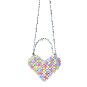 Pastel candy color heart-shaped beaded mini crossbody bag with pearl handle and shoulder strap