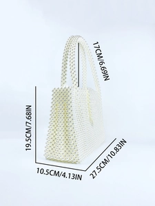 Detailed dimension guide for white faux pearl woven handbag with 27.5x10.5x19.5cm measurements