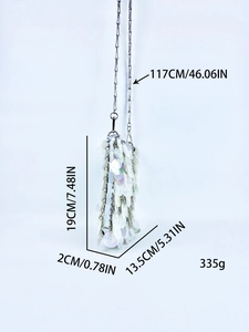 Detailed size specifications for a silver sequined crossbody bag with metal chain