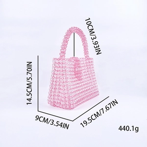 Pink handmade acrylic beaded handbag for women with sweet candy color and 19.5cm width