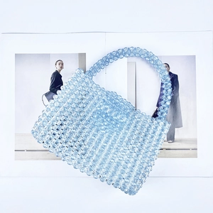 Handmade light blue acrylic beaded handbag with summer grid weave and top handle