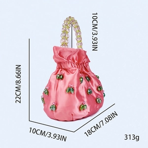 Pink satin drawstring handbag with beaded cherry patterns and size measurements