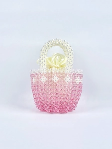 Hand-Woven Beaded Handbag Acrylic Faux Artificial Pearl Gradient Pink Mini Tote Bag With Satin Drawstring Pouch For Women Elegant
