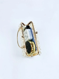 French style handmade pearl evening bag with gold frame and top handle for women