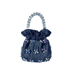 Handmade beaded navy satin mini drawstring handbag with crystal floral embellishments