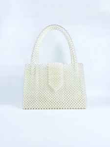 Elegant White Artificial Pearl Beaded Handbag Hand-Woven Retro Acrylic Square Tote For Women Evening Party Wedding Chic Accessory