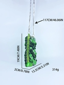 Detailed size chart for green sequin bag showing 19cm height and silver chain dimensions