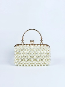 Artificial Pearl Evening Clutch Bag Handcrafted Woven Handbag With Gold Metal Handle For Wedding Party Elegant Banquet Women
