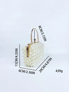 Elegant French style handmade pearl evening bag with golden metal frame and handle