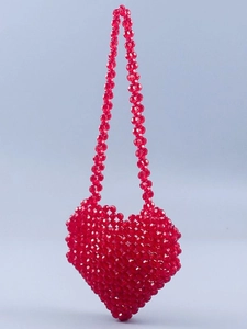 Mini red heart-shaped handmade beaded acrylic crossbody bag with long handle straps