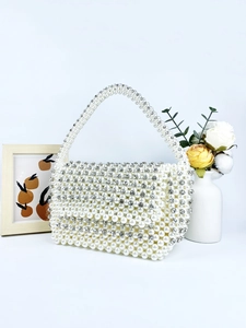 Sac à main élégant en perles blanches avec strass brillants pour soirées et mariages