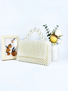 Elegant handmade off-white pearl beaded handbag with large pearl handle for women