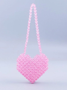 Pink heart-shaped handmade beaded mini crossbody bag for girls with acrylic beads