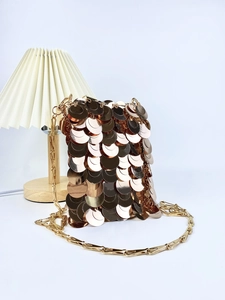 Elegant rose gold sequin mini chain bag with metallic shimmer and fold lamp decor