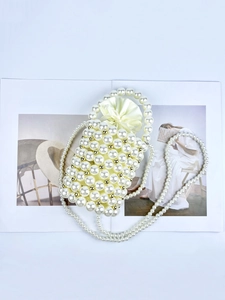 Handmade pearl beaded mini handbag with satin drawstring lining and chain strap
