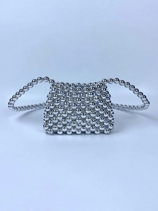 Handmade Woven Silver Metallic Beaded Mini Bag Elegant Crossbody Shoulder Handbag For Women Evening Party Accessories
