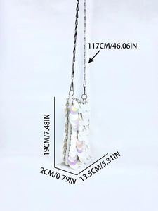 Detailed size specifications of white sequin chain bag with 117cm shoulder strap length