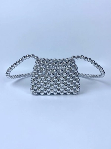 Handmade silver beaded crossbody evening bag with mini pearl-style polished finish