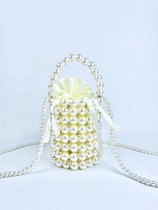 Handmade Beaded Artificial Pearl Bucket Bag With Satin Drawstring Lining Crossbody Handbag Vintage Elegant For Women