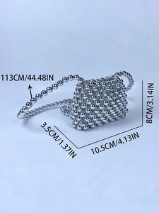 Handmade silver beaded mini crossbody bag with dimensions and long strap detail