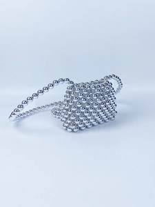Handmade silver metallic beaded mini crossbody bag with reflective shiny finish