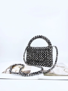 Sac à main vintage en perles acryliques gris bronze avec poignée et chaîne