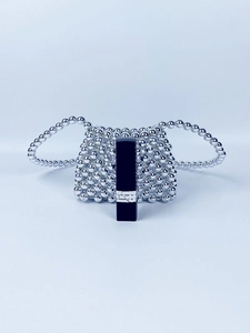 Mini silver handmade beaded crossbody bag for women with metallic pearl finish