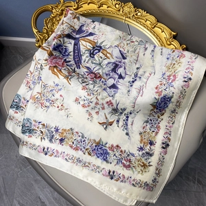 Elegant Square Scarf Faux Satin Satin Printed Floral Bird Pattern Hair Bandana Headscarf For Women