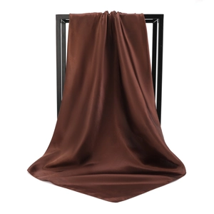 Deep brown satin square scarf with a smooth silk-like finish and glossy drape texture