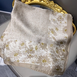 Elegant floral satin square scarf in cream and coffee with a luxurious silky finish