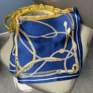 Artistic oil painting silk scarf with dark blue equestrian gold chain and leather belt print