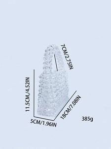Detailed dimensions of a clear handmade beaded handbag with square acrylic structure