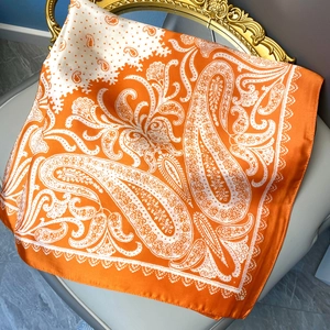 70cm vintage orange paisley satin square scarf with elegant silk texture for women