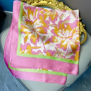 Floral satin silk square scarf in pink, yellow and green colors for women, 70cm