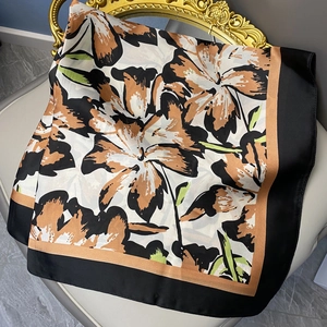 Elegant 70cm satin silk square scarf with floral lily pattern and black border detailing