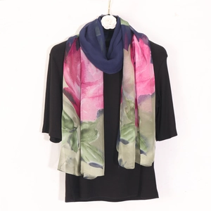 Lightweight navy blue floral long scarf with pink rose prints for sun protection