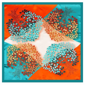 Carré de soie aux motifs de l'arbre de vie en satin orange et turquoise élégant
