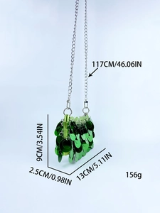 Mini sac à bandoulière à paillettes vertes avec chaîne argentée et dimensions indiquées