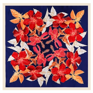90x90cm tropical hibiscus satin silk scarf with deep blue background and red flowers