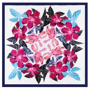 90x90cm floral satin silk scarf with hibiscus pattern in pink and blue colors