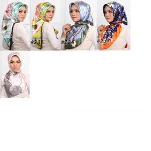 Collection of 90cm floral satin square scarves shown in five elegant printed styles